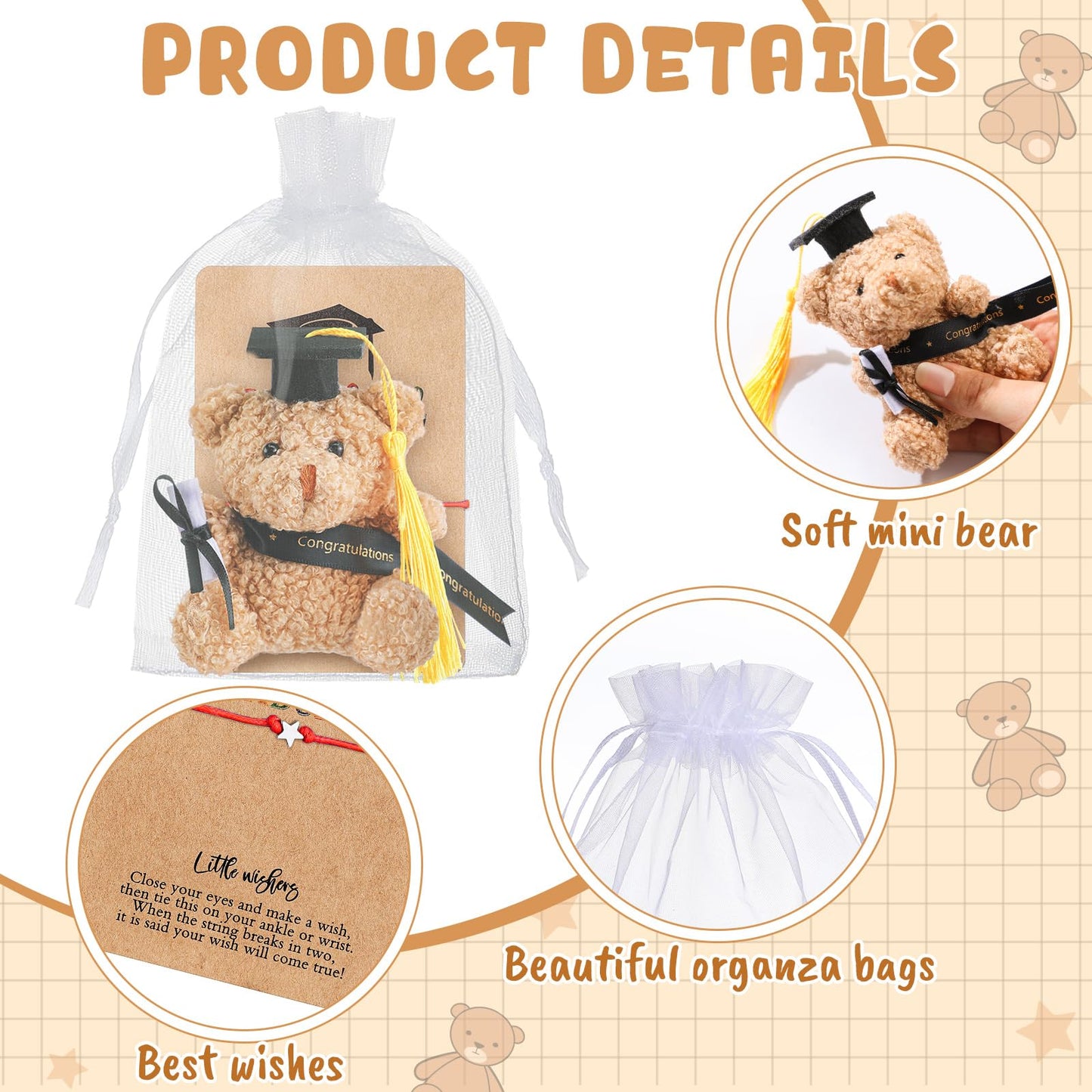 Motionchic 50 Pcs 2026 Kindergarten Graduation Bear Bulk Set with 25 Graduation Gift Mini Stuffed Bears 25 Wish Bracelet Organza Bag Card for Kid Child Kindergarten Class of 2026 Party Favors(Black)