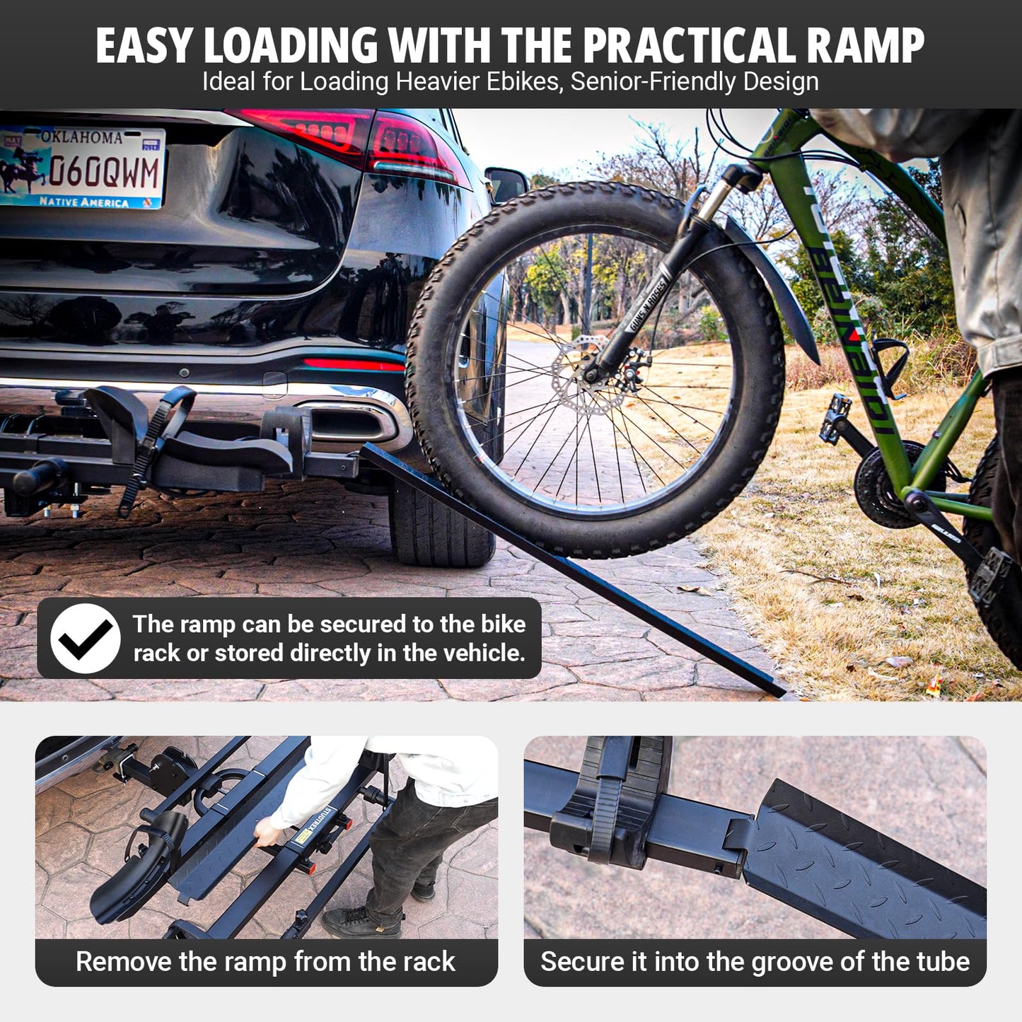 STUDTREX TRAILV2 Hitch Mount 2-Bike Rack with Bike Ramp - Tilt, Fold, Anti-Theft Hitch & Wheel Lock, 170lbs Capacity, 2-Inch Receiver, Up to 5.0" Fat Tire, Electric Bike Rack for Car, SUV, RV, Truck