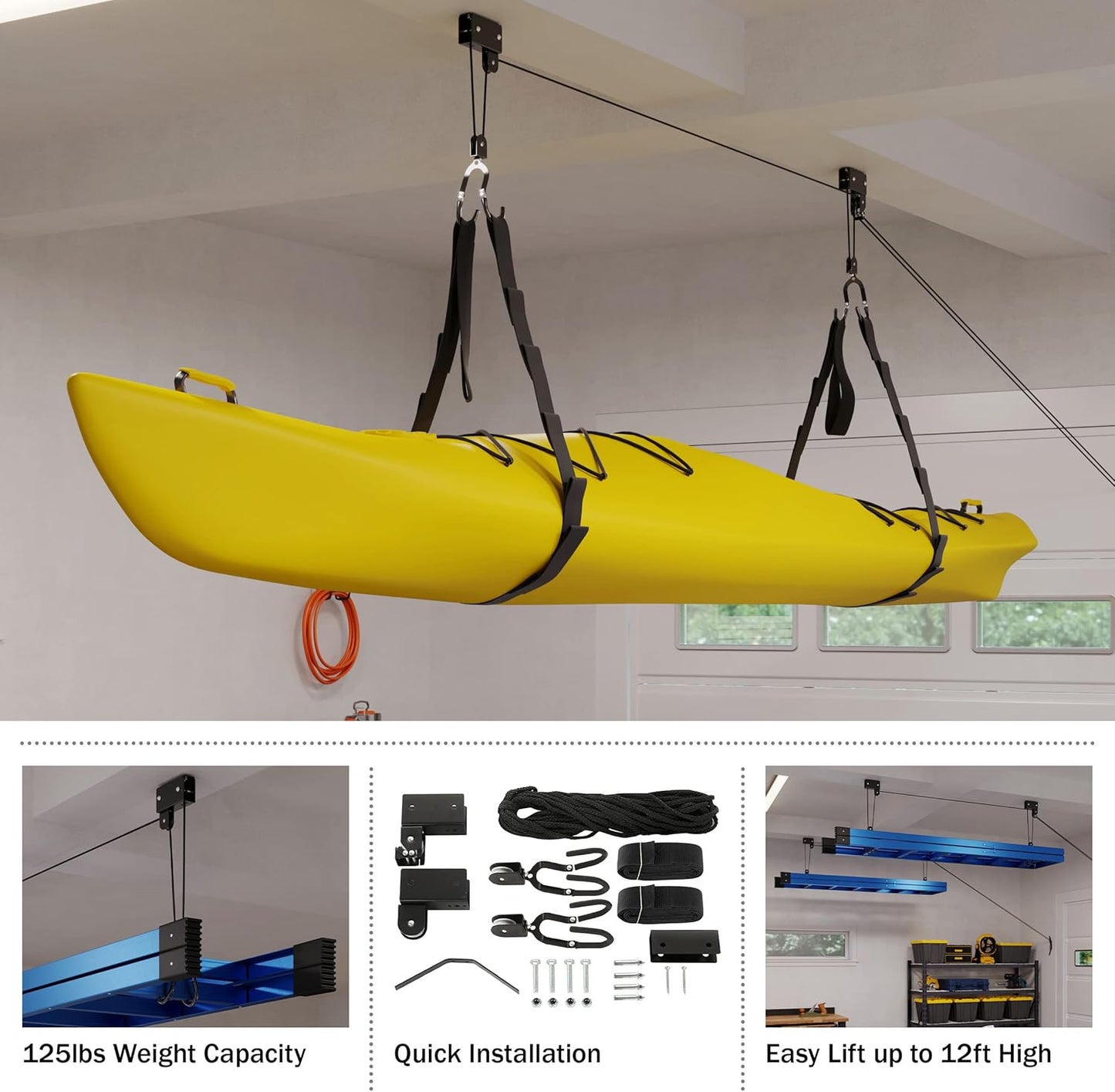 Kayak Storage Hoist - Overhead Pulley System with 125lb Capacity for Canoes, Bikes, Ladders, and More - for up to 12-Foot Ceilings