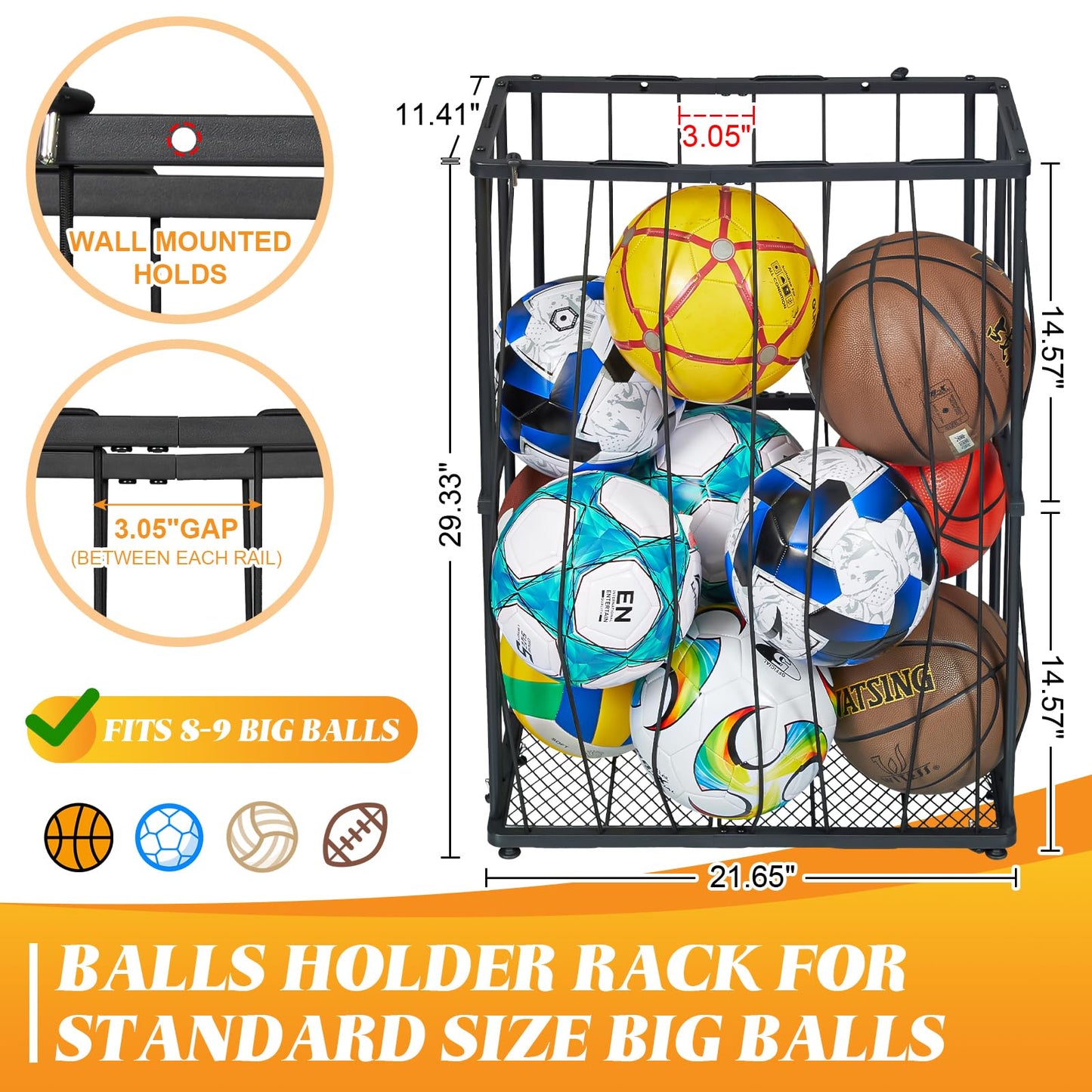 Hencawima Garage Ball Storage Wall-Mounted & Floor Sports Equipment Organizer: Sports Ball Rack with Elastic Rope, Holder for Basketball, Soccer, Volleyball, Football, Garage, Gym, Black