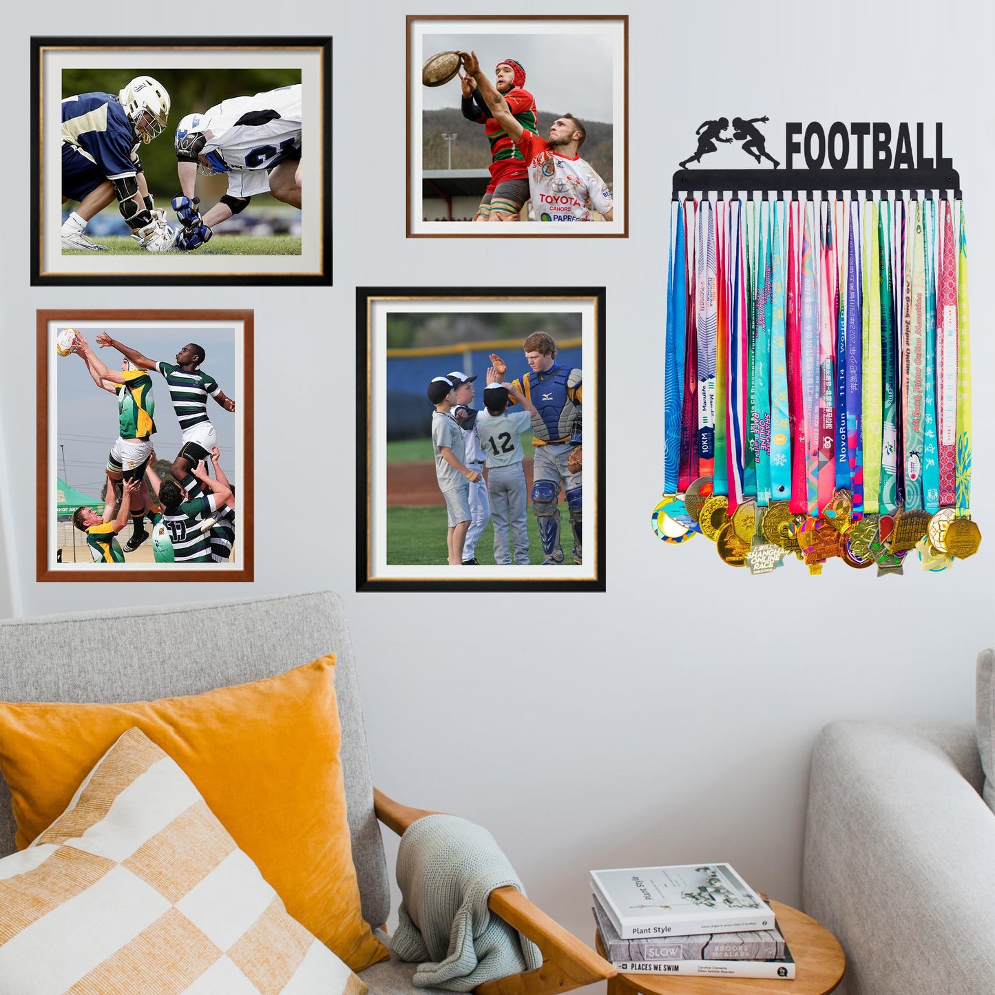 Goutoports Personalized Football League Medal Display Hanger Holds Up 60 Medals Durable Metal Holder Awards Organize Rack Kids Sports Badge Ribbon Hanger for Wall Decor Gifts for Athletes