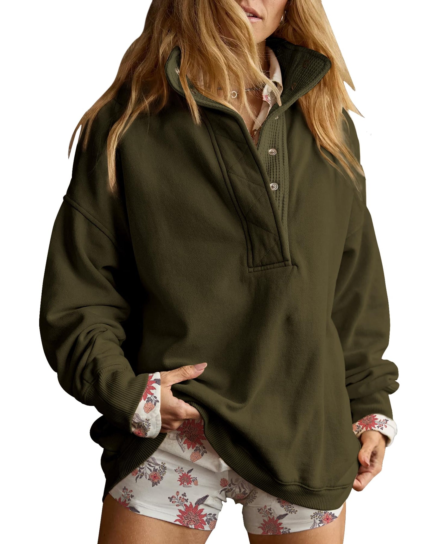 Gacaky Sweatshirt for Women Oversized Casual Long Sleeve Button Henley Neck Pullover Tops Fashion Outfits Clothes Army Green S