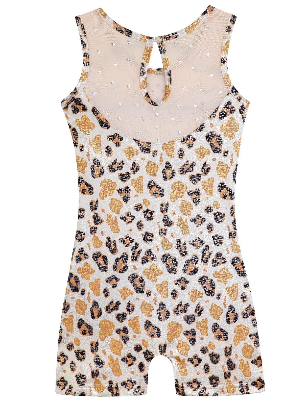 HOZIY Leotards for Girls Gymnastics Mesh Neckline with Iridescent Rhinestones Back Cut Out Sleeveless Size 6-7 Years Leopard Biketard Shorts Tumbling Outfits Kids Sparkly Shiny