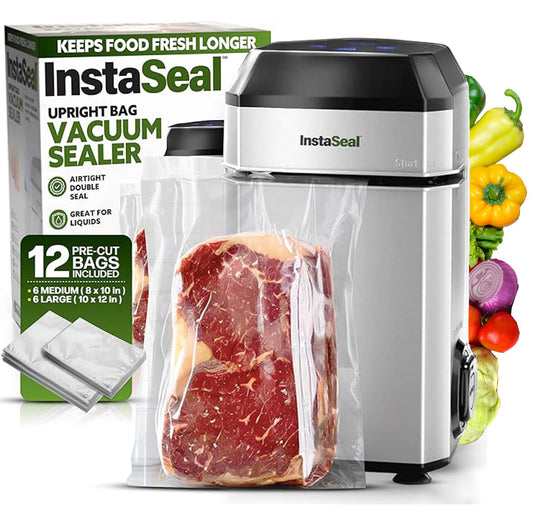 InstaSeal Vacuum Sealer for Food with 12 Bags, Compact Upright Design Allows Machine to Seal Marinades, Soups, Meats for Sous Vide Cooking, Vegetables, Double Heated Seal Keeps Food Fresher Longer