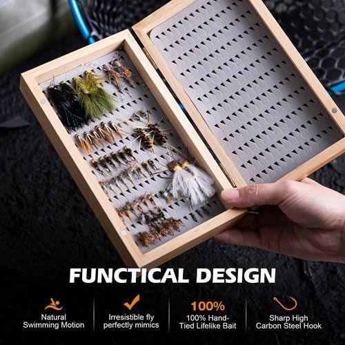 Goture Fly Fishing Flies Kit, 54pcs Dry Wet Flies Streamers Nymphs with Wooden Fly Box, Bass Trout Steelhead Salmon Lures Set Assortment Kit, Gifts for Men