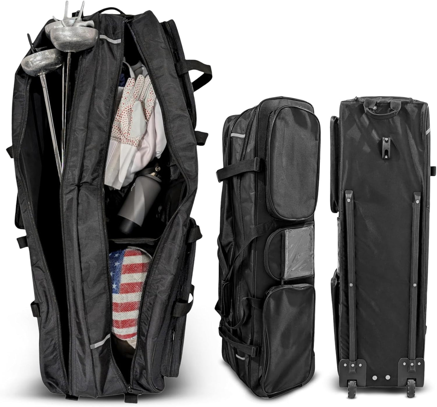Two Compartment Fencing Bag, Wheeled Sports Equipment Bag for Foil Epee and Saber, Travel Gear, Competition Roll Bag with Straps, Elite Competition Team Bag Adjustable Compartments