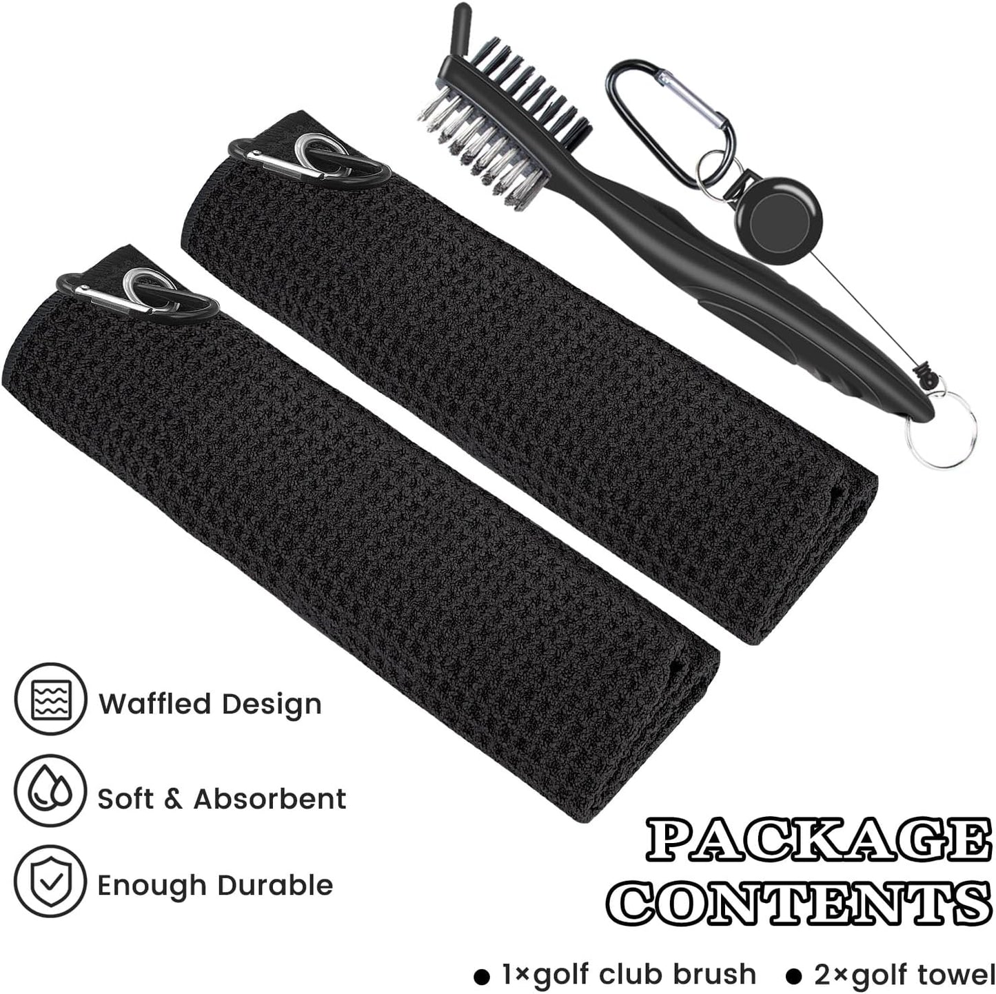 2 Pack Golf Towel (16" X 16") with Golf Club Brush, Microfiber Waffle Pattern Golf Towels for Golf Bags for Men,Essential Golf Combo Cleaning Kit (Black)