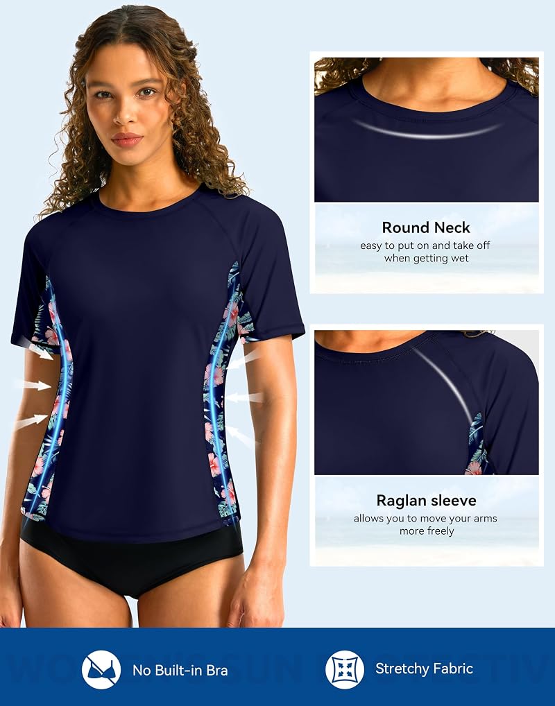 Rash Guard for Women Navy Floral Large - Quick Dry SPF50+ UV Protect Swim Top