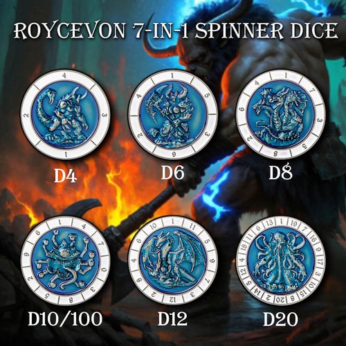 Roycevon 7 in 1 Spinner DND Dice Set D&D, Metal D and D Dragon Dice with Gift Box, Role Playing Dice, Black Blue