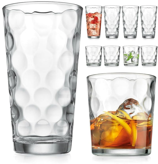 Glassware Drinking Glasses Set of 8 - 4 Highball 17 oz & 4 Rocks 13 oz with Inner Circular Texture (Variation: 17 Ounces Pack of 2)