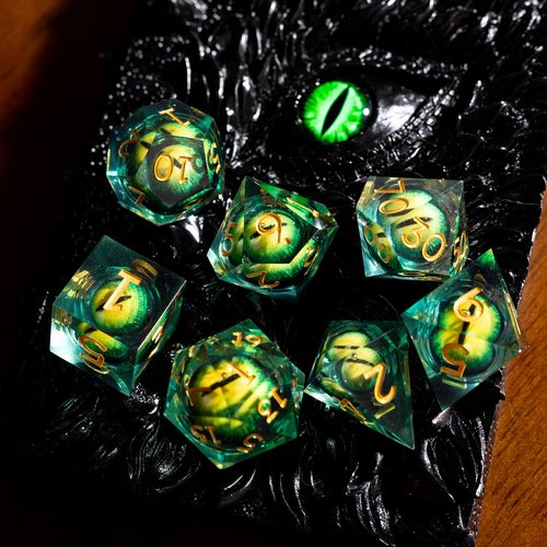 Premium Resin DND Dice Set - Liquid Core and Dragon Eyes - 7 Piece Sharp Edge RPG Game Accessories Including D4 D6 D8 D10 D% D12 D20 in Black Metal Box for Dungeon Masters and Starters