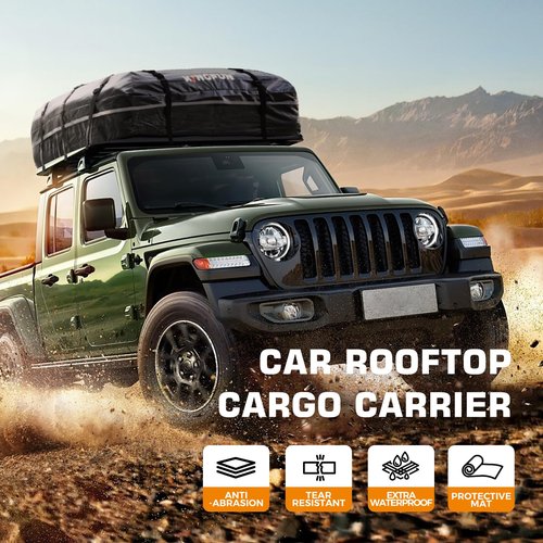 Kingfun Rooftop Cargo Carrier - Waterproof 20 Cubic Feet Car Roof Bag for All Vechicles with/Without Racks, Includes Anti-Slip Mat, 8 Reinforced Straps, 6 Door Hooks, Luggage Lock (Black)