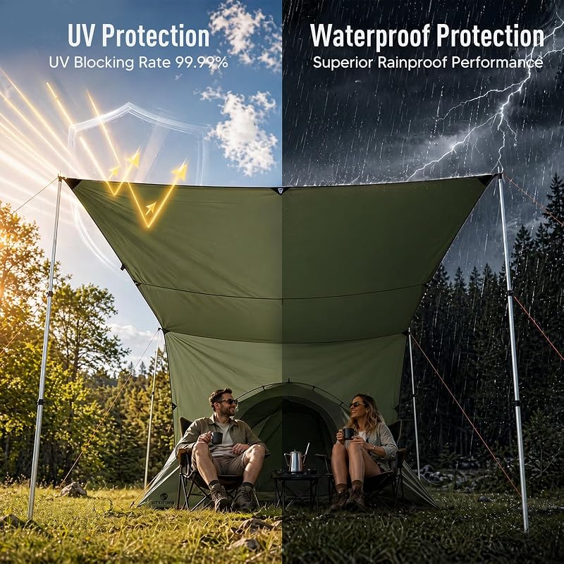 17x10 ft Large Waterproof Camping Tarp with PU6000mm Rain Fly - UPF100+ Sun Protection, Lightweight Canopy for Outdoor Camping (Army Green)
