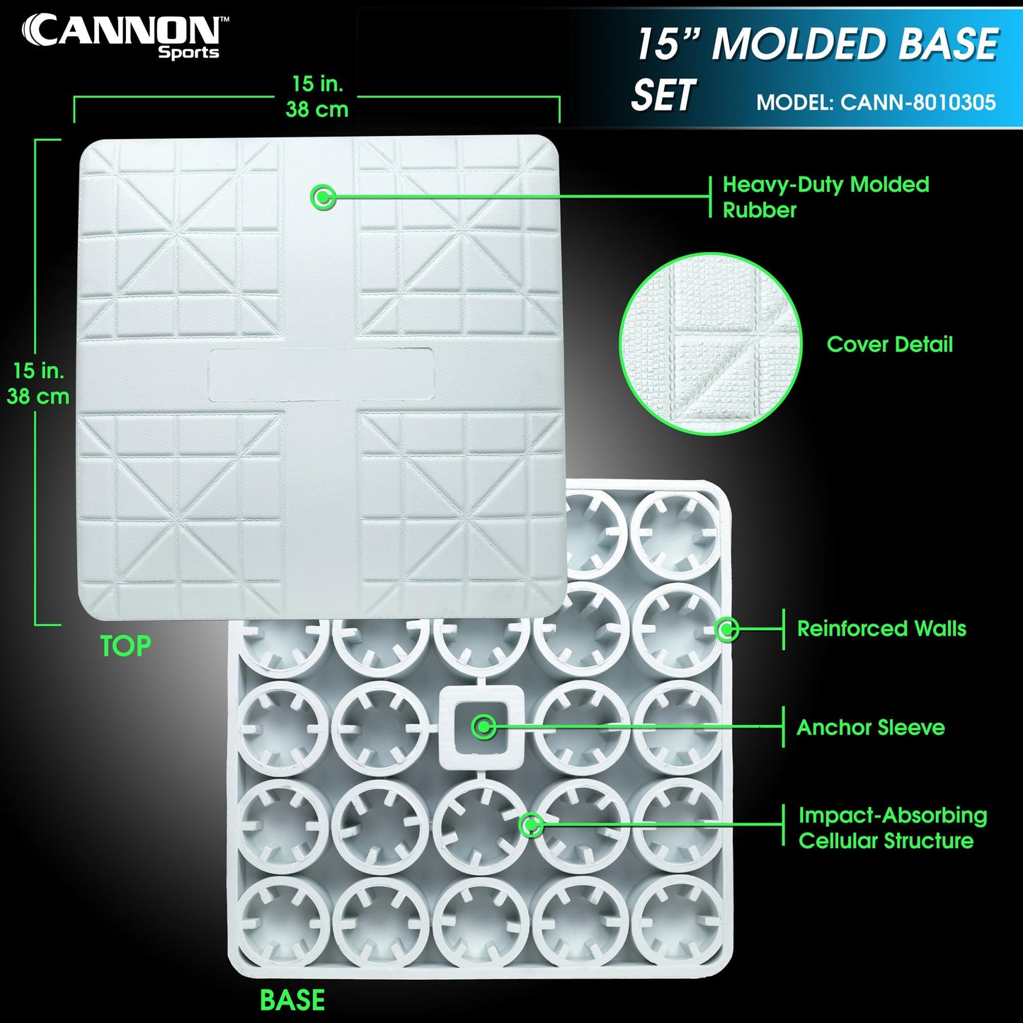 Cannon Sports Pro Style Set of 3 Bases for Baseball and Softball – 15" x 15" Molded Base Set with Waffle Bottom & Anchors - Includes 1st, 2nd, 3rd Base