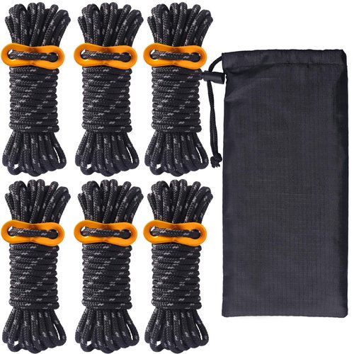 Hikeman 6 Pack 4mm Outdoor Guy Lines Tent Cords Lightweight Camping Rope with Aluminum Guylines Adjuster Tensioner Pouch for Tent Tarp, Canopy Shelter, Camping, Hiking, Backpacking