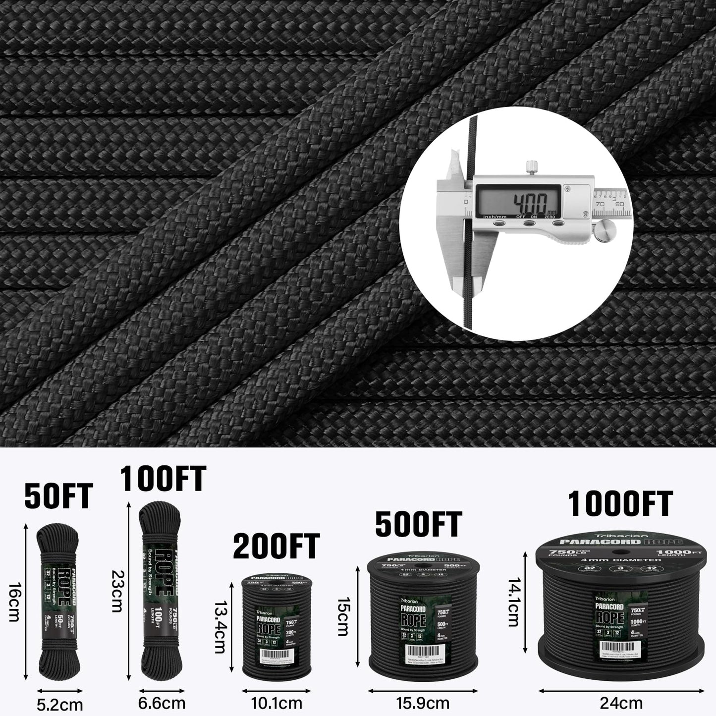 TRIBERION Paracord Rope 750 lb - 50ft 5/32" Parachute Cord 4MM 12-Strand para Cord - Heavy Duty Spool String for Survival,Camping Gear, Survival Bracelet, Clothesline - Black
