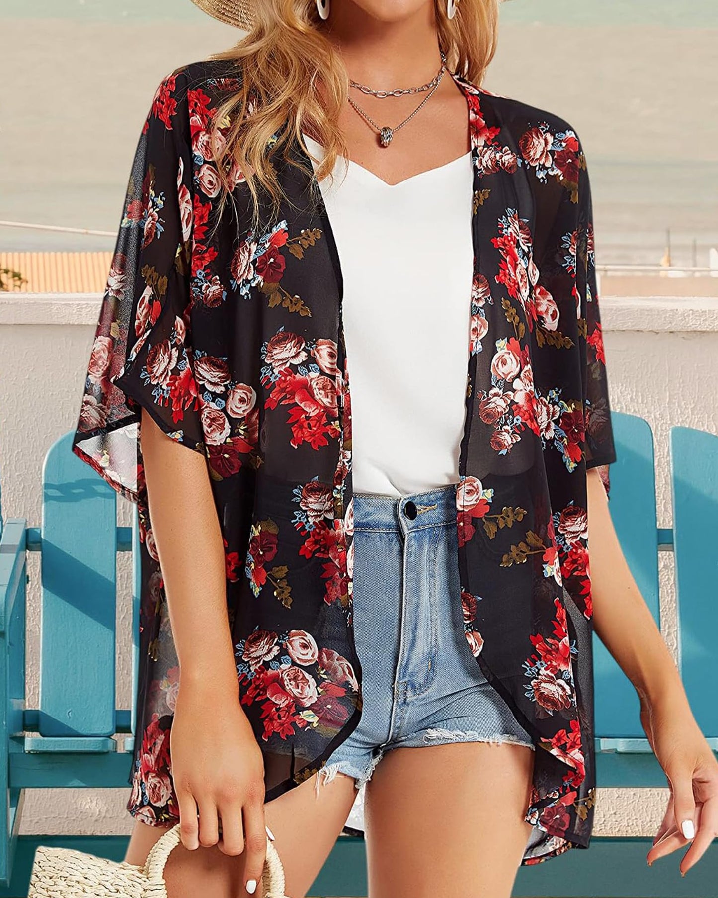 Women's Floral Print Puff Sleeve Kimono Cardigan Loose Cover Up Casual Blouse Tops(BLACK XL)