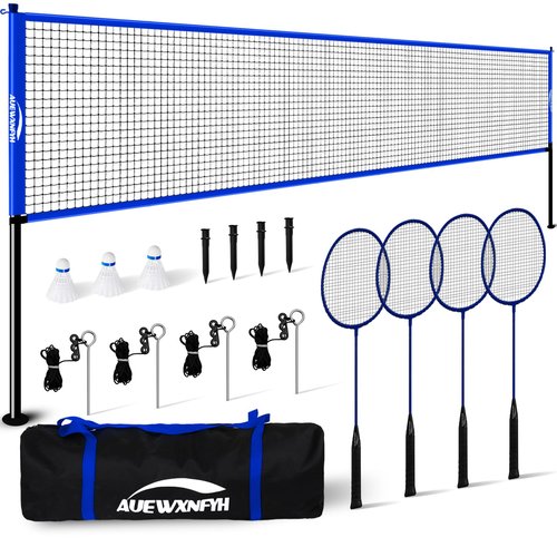 Portable Badminton Set Regulation Net- Easy Setup Steel Poles, 4 Rackets & 3 Shuttlecocks Ideal for Backyard Fun with Friends and Family from Kids to Adults - Includes Carry Bag