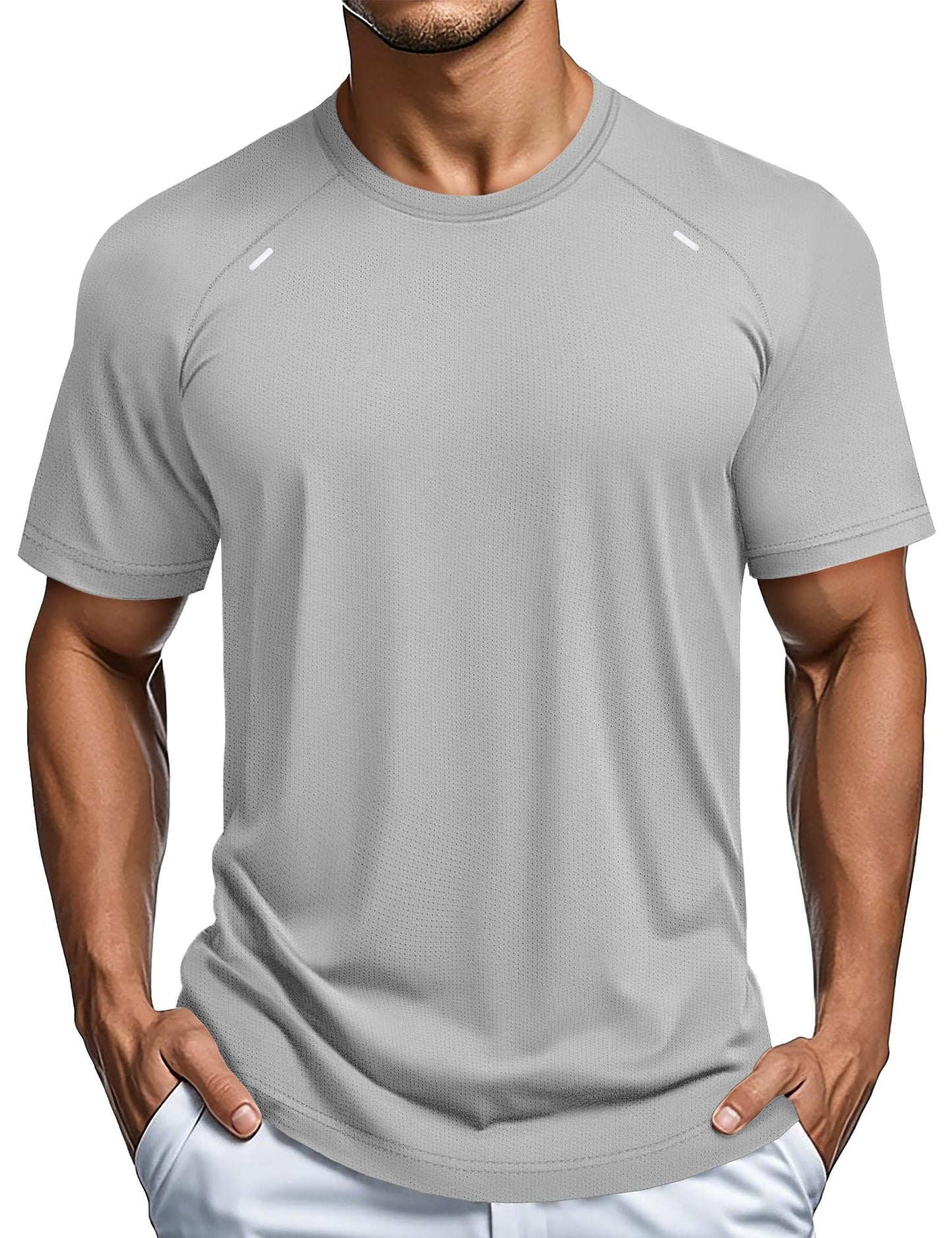 MAGCOMSEN Moisture Wicking Shirts for Men Short Sleeve Workout Active Tshirt Mesh Lightweight Cooling Hiking Shirt Light Gray L