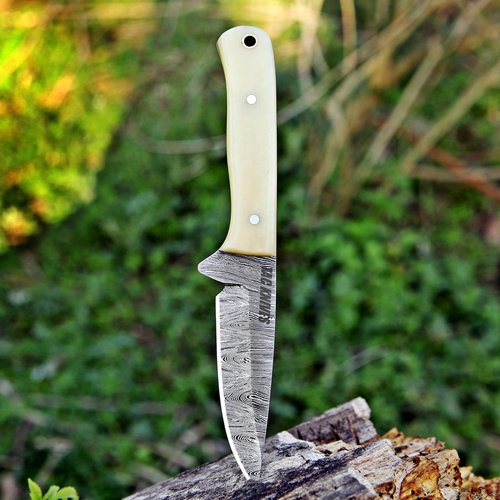 TAC KNIVES 7" Fixed Blade EDC Knife with Sheath - Damascus Steel Hunting Knife - Full Tang - Bone Handle - Pancake Carry Leather Sheath Snug Fit (BONE 303)