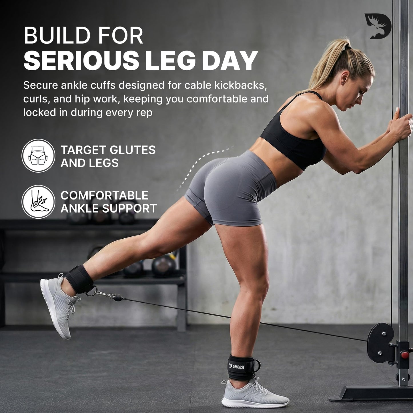 DMoose Fitness Ankle Strap for Cable Machine - One Size Fit with Premium Padding Cuffs, Ankle Bands for Working Out, Booty Workouts, Leg Extension, Hip Abductors, Kickbacks & Lower Body Exercises