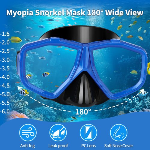Replaceable Nearsighted Snorkeling Gear for Adults Youth, Short-sighted Anti-Fog Diving Mask & Full Dry Top Silicone Snorkel for Scuba Diving, Snorkeling, Freediving