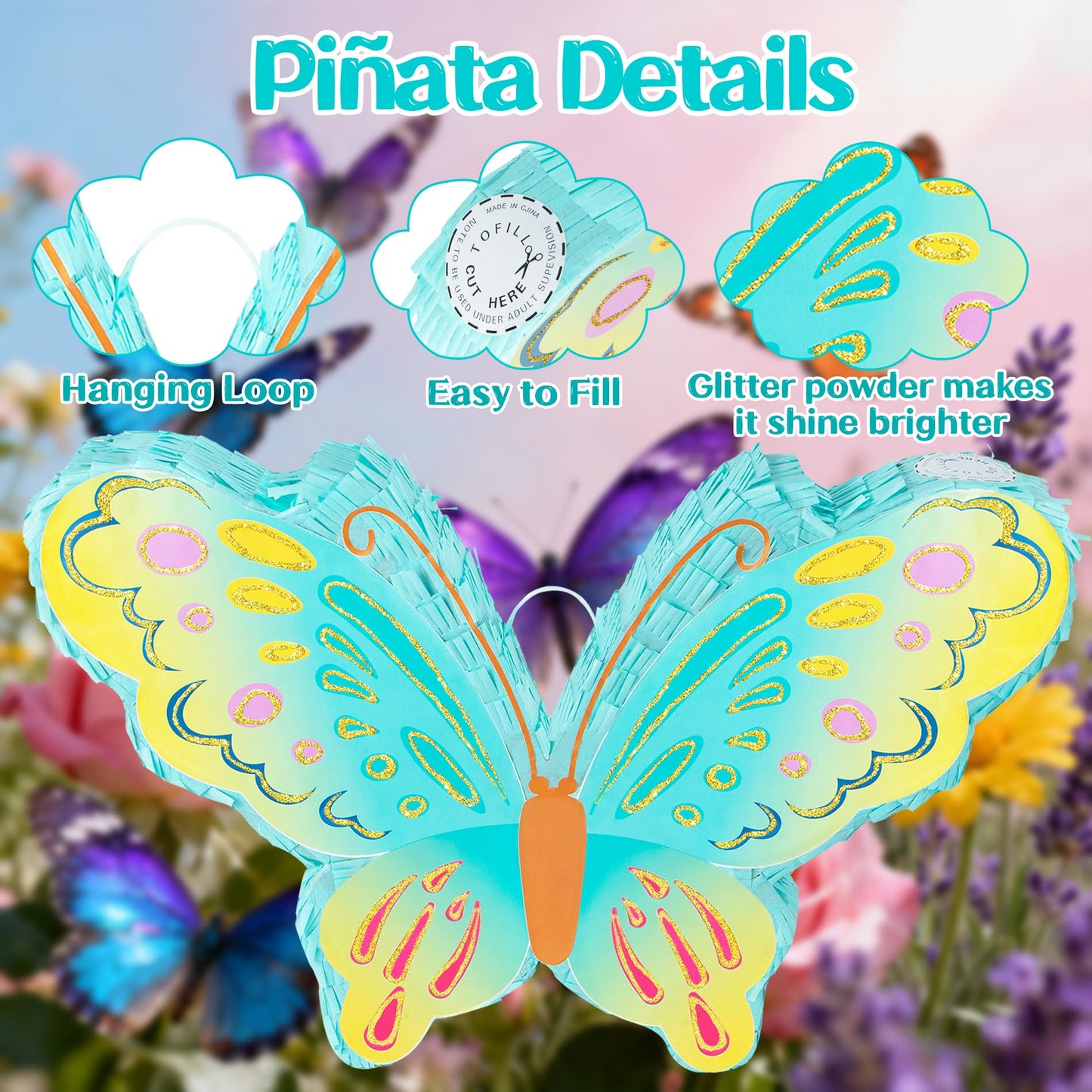 PCFING 21.6 Inch Butterfly Piñata with 30 Inch Piñata Stick Blindfold Confetti for Boy Girl Birthday Party Game Decorations, Anniversary Celebration, Fiesta