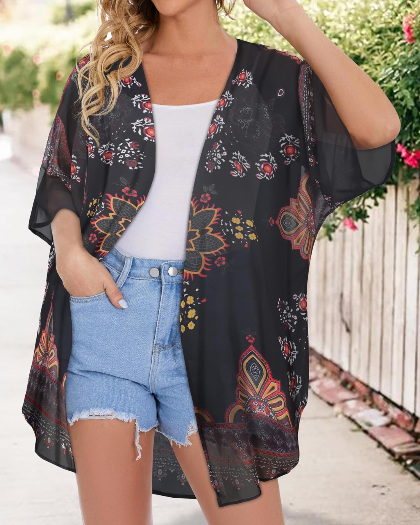 Womens Kimonos Beach Cover Up Chiffon Cardigan Floral Blouse Loose Fit Cape Top Summer Resortwear(Orange Black,3XL)