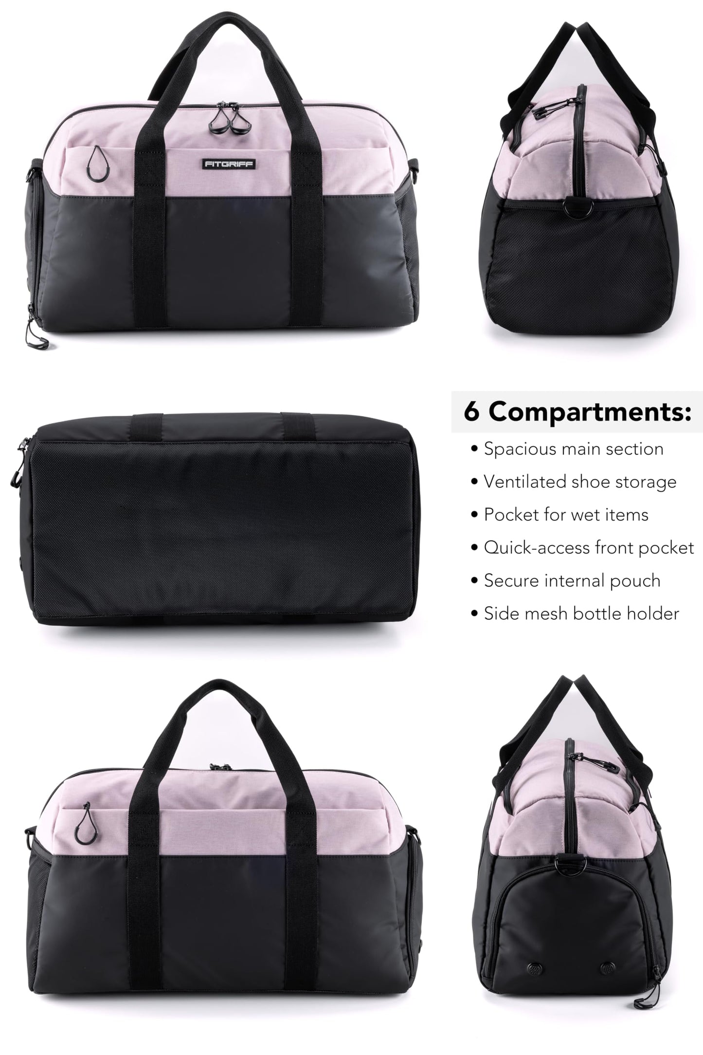 Fitgriff® Gym Bag V2 for Men and Women with Shoe & Wet Compartment - Duffle Bag for Travel, Sports, Fitness and Workout (Black/Pink, 22 x 12 x 13″ (Medium))