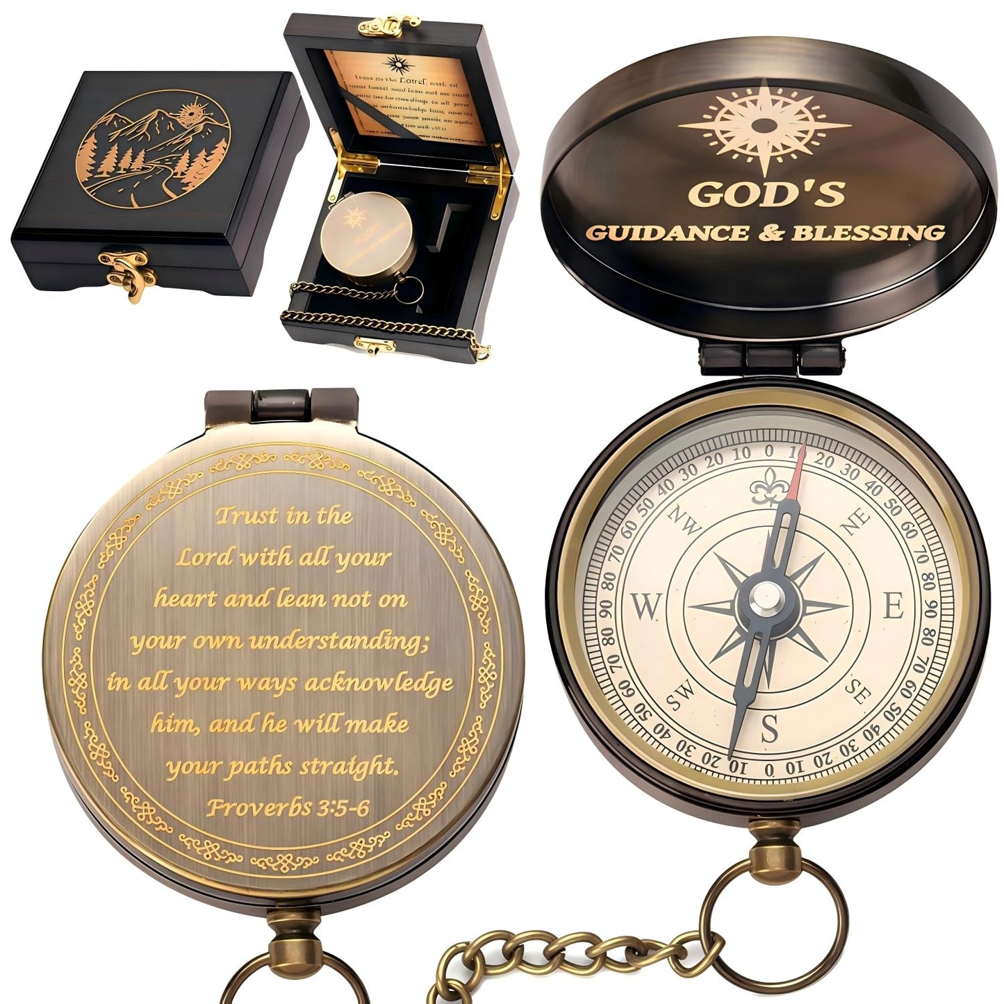 Afcrho Proverbs 3: 5-6 Engraved Compasses, Wood Box Greeting - Trust in The Lord Compass - Inspirational Gift Men, Christian Boys Baptism Gifts, Graduation Day with Wooden Box