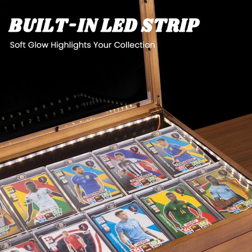 Card Display Case with Battery-Powered LED Strip, Graded Card Display, Sports Card Case, Holds 70+ Graded Cards, Wood Storage Box with Drawer, Dividers, Fits Toploader & Slabs