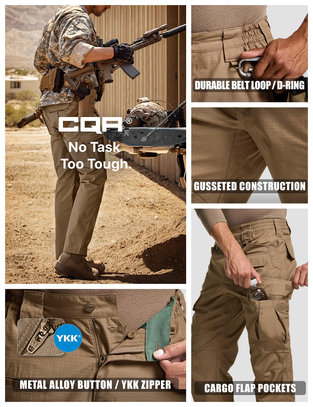 CQR Men's Tactical Pants, Water Resistant Ripstop Cargo Pants, Lightweight EDC Work Hiking Pants, Outdoor Apparel, Raider Mag Cougar, 32W x 34L