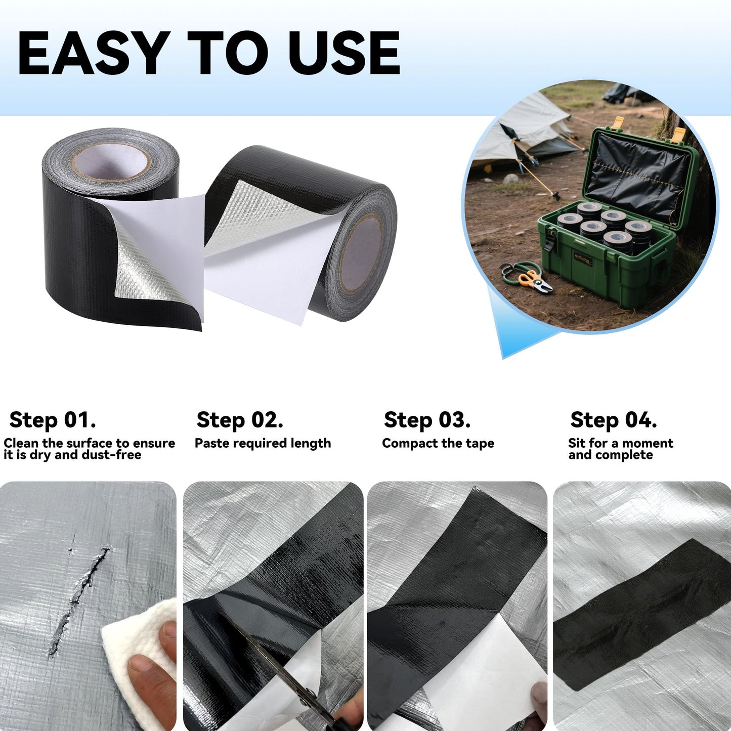 Tarpware RV Awning Repair Tape: 3" x 30FT Black Fabric Heavy Duty Waterproof Patch Kit for Sail Tent Boat Cover Outdoor Repair