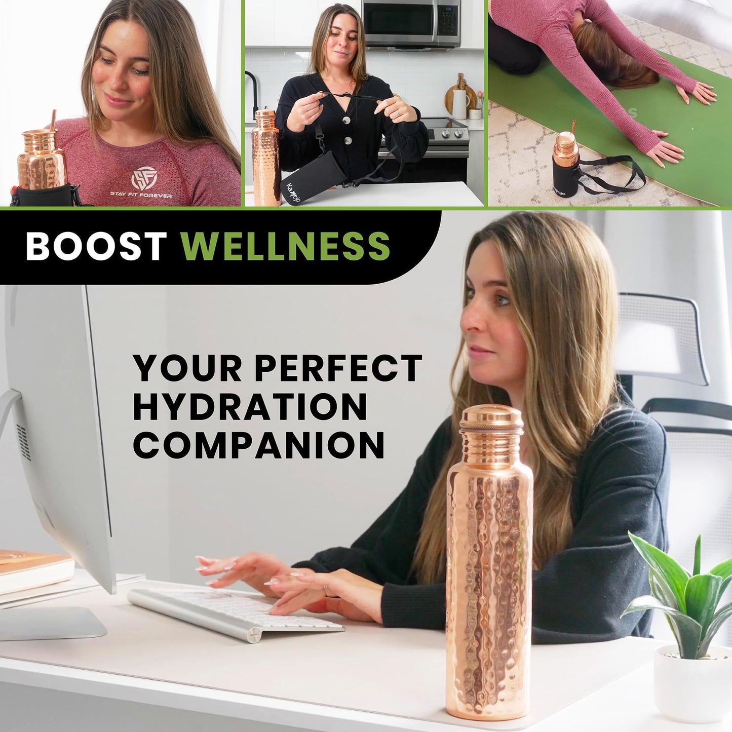Kamojo Copper Water Bottle for Drinking - Hammered 100% Pure Copper Tumbler with Leak Proof Lid, Removable Insulating Sleeve & Straw - Handcrafted Ayurvedic Cup for Water 32 fl oz