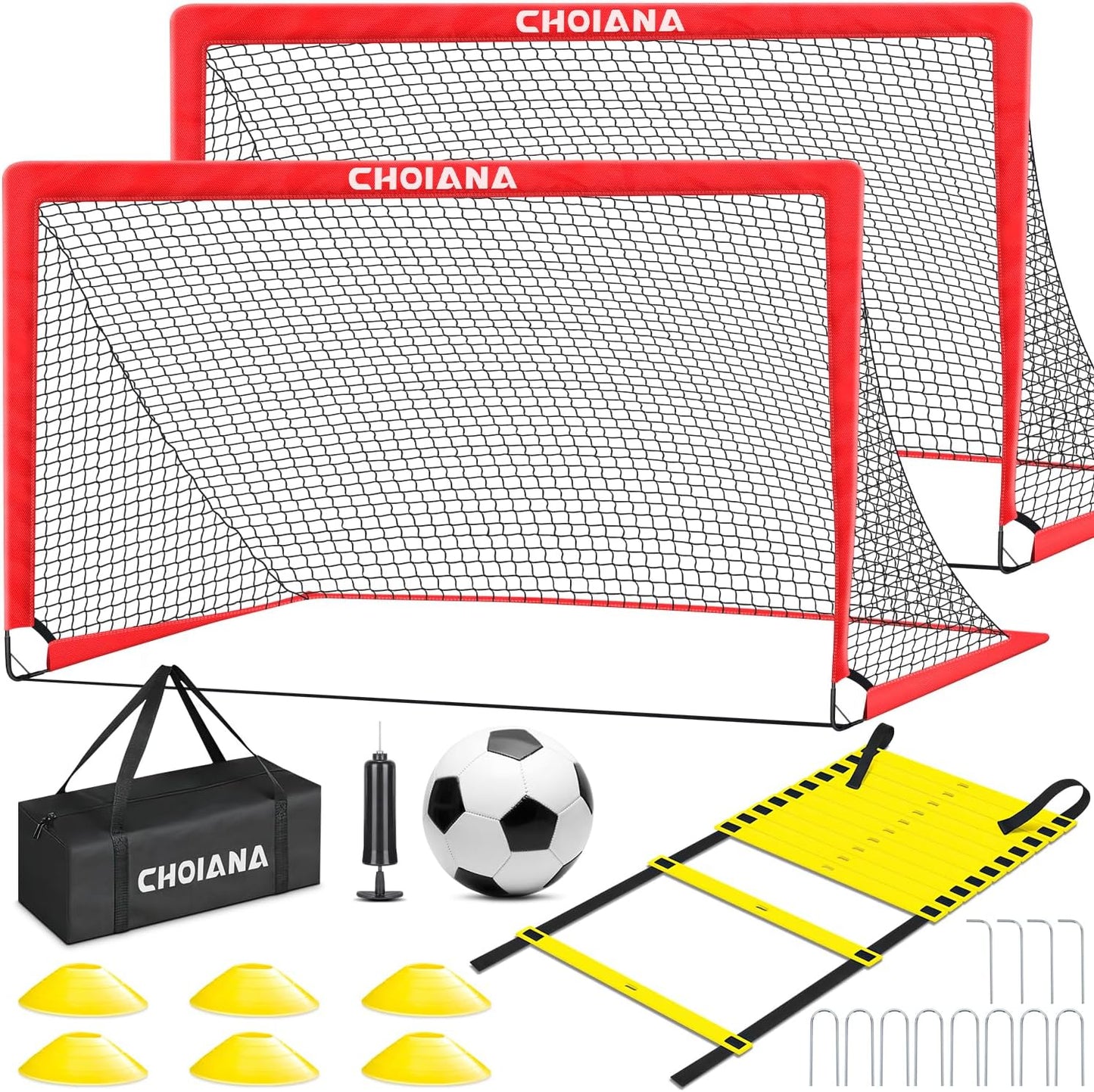 Kids Soccer Goals for Backyard Set of 2, 6x4 ft Portable Soccer Goal Training Equipment, Soccer Net w/Soccer Ball, Agility Ladder & Cones, Soccer Nets for Kids Youth Outdoor Sports Games Play