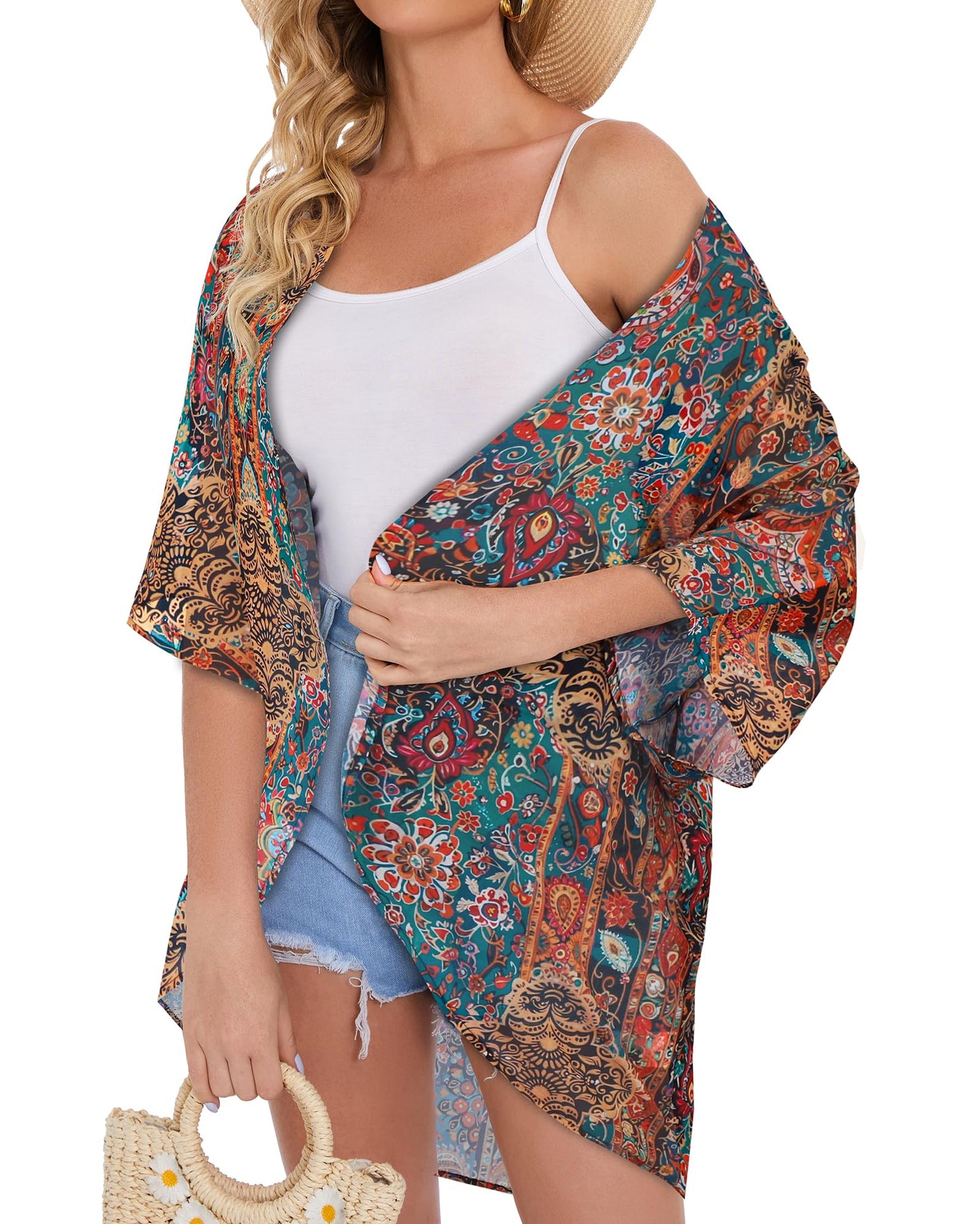 Women's Floral Kimono Print Puff Sleeve Loose Cardigan Cover Up Casual Blouse Tops (Bohemia Print, 3XL)