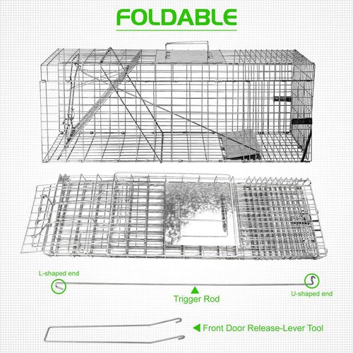 SZHLUX 32" Live Animal Cage Trap, Heavy Duty Folding Raccoon Traps, Humane Cat Trap for Stray Cats, Raccoons, Squirrel, Skunk, Mole, Groundhog, Armadillo, Rabbit, Catch and Release