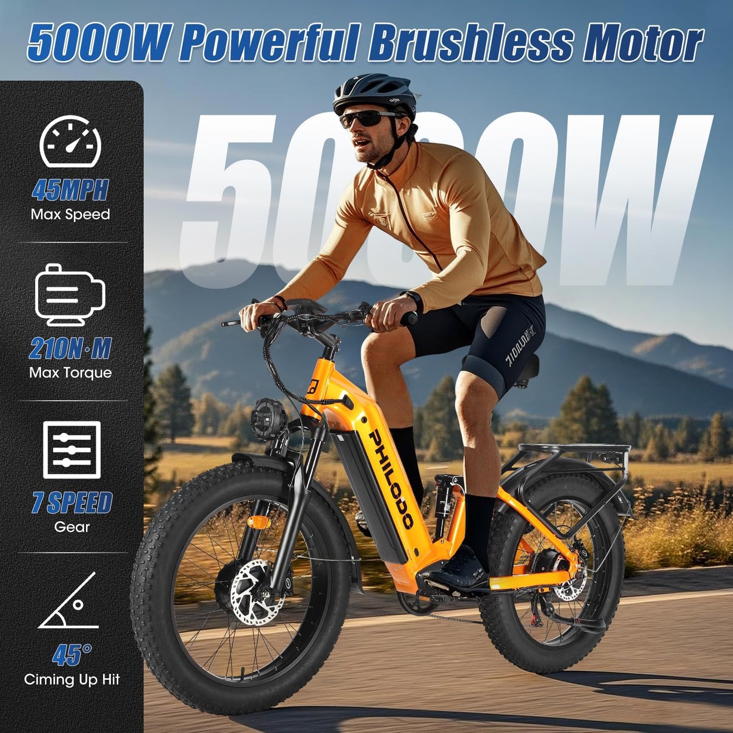 PHILODO Falcon 60V 32AH Off-Road Electric Bike 45MPH - 5000W Peak Dual Motor Hunting Ebike, Fat Tire Full Suspension Dirt Bike for Adults, Long Range Snow/Sand Electric Bicycle