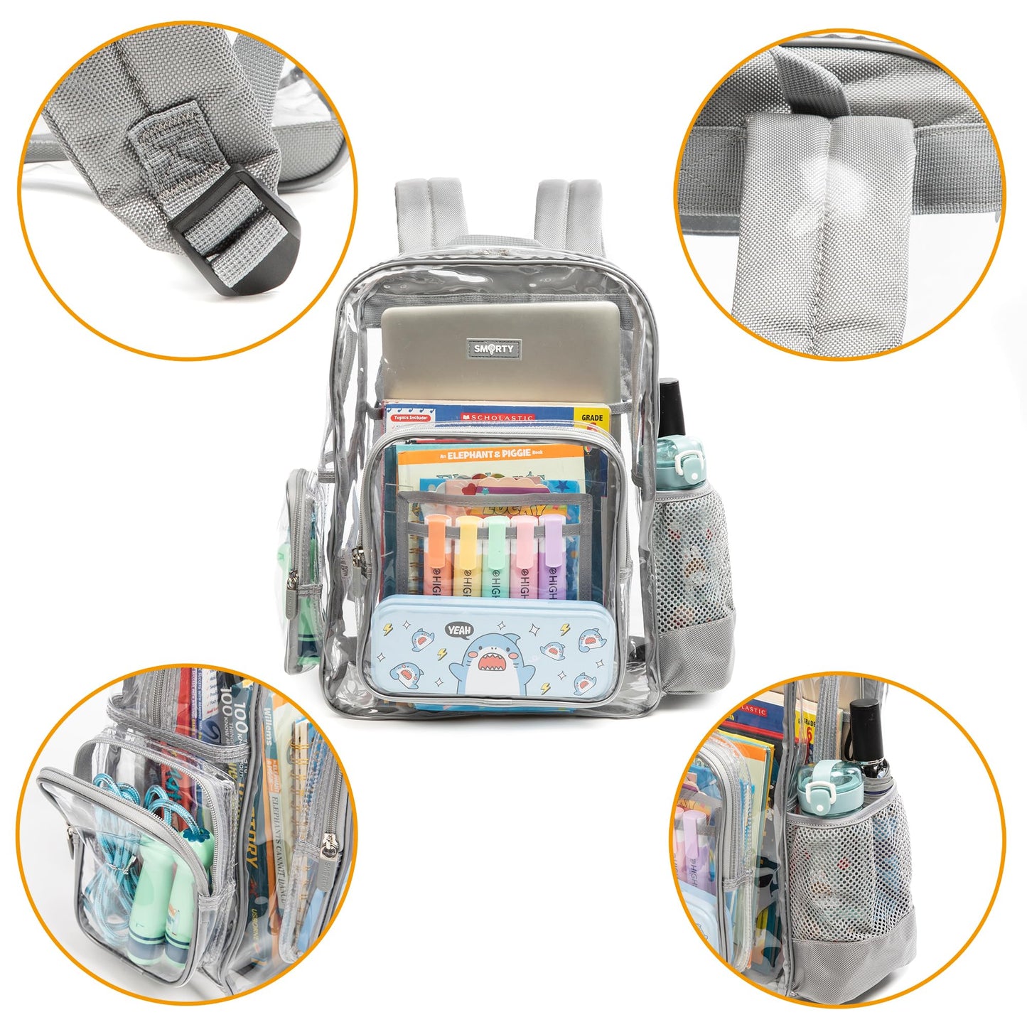 J.CARP Clear Bag Heavy Duty Backpack Durable Transparent See Through Bag (Large, Grey)