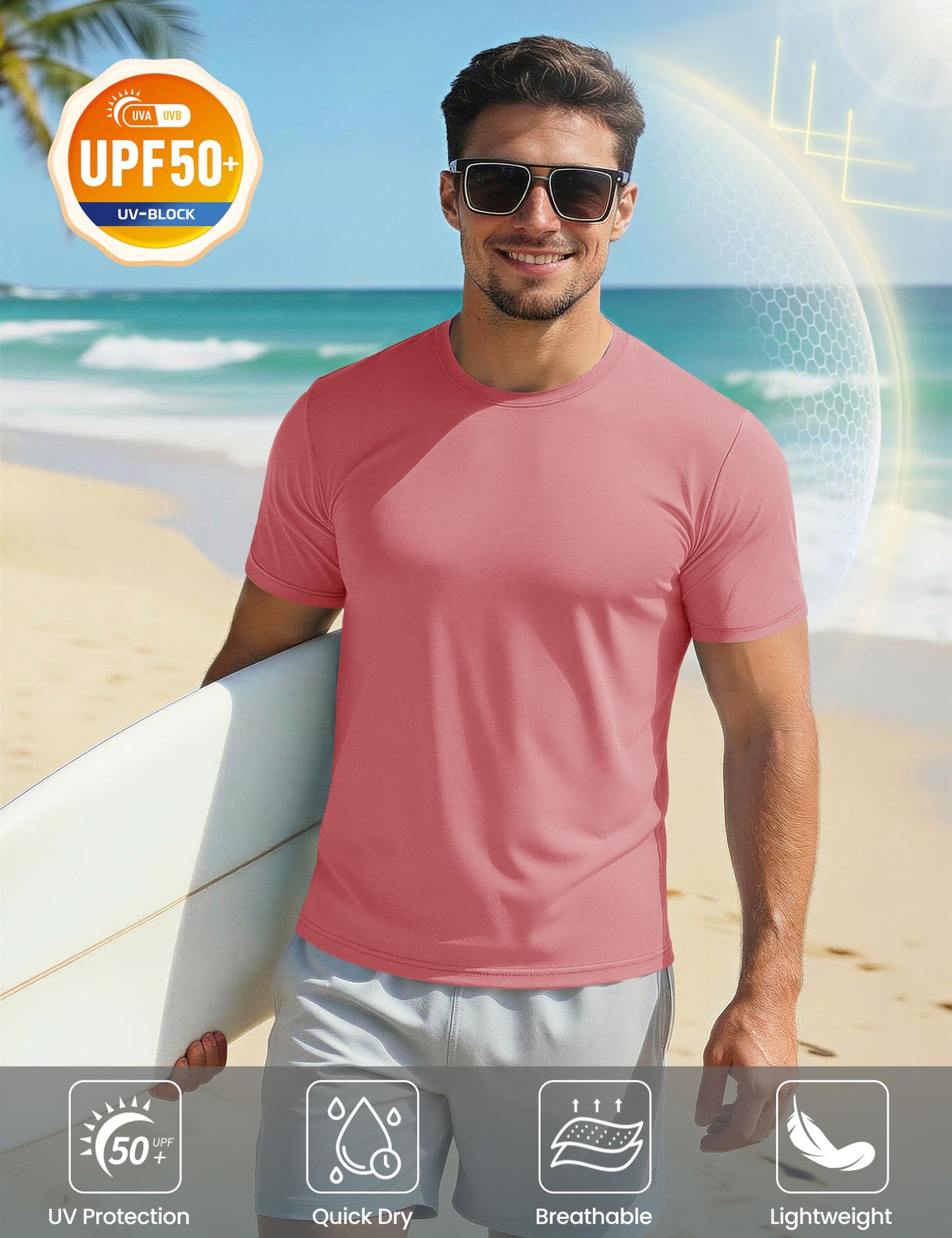 Dry Fit Shirts Men Workout Shirts Performance Shirts Rash Guards Shirts Moisture Wicking Running T-Shirt Outdoor Hiking Top Tee Grey Pink