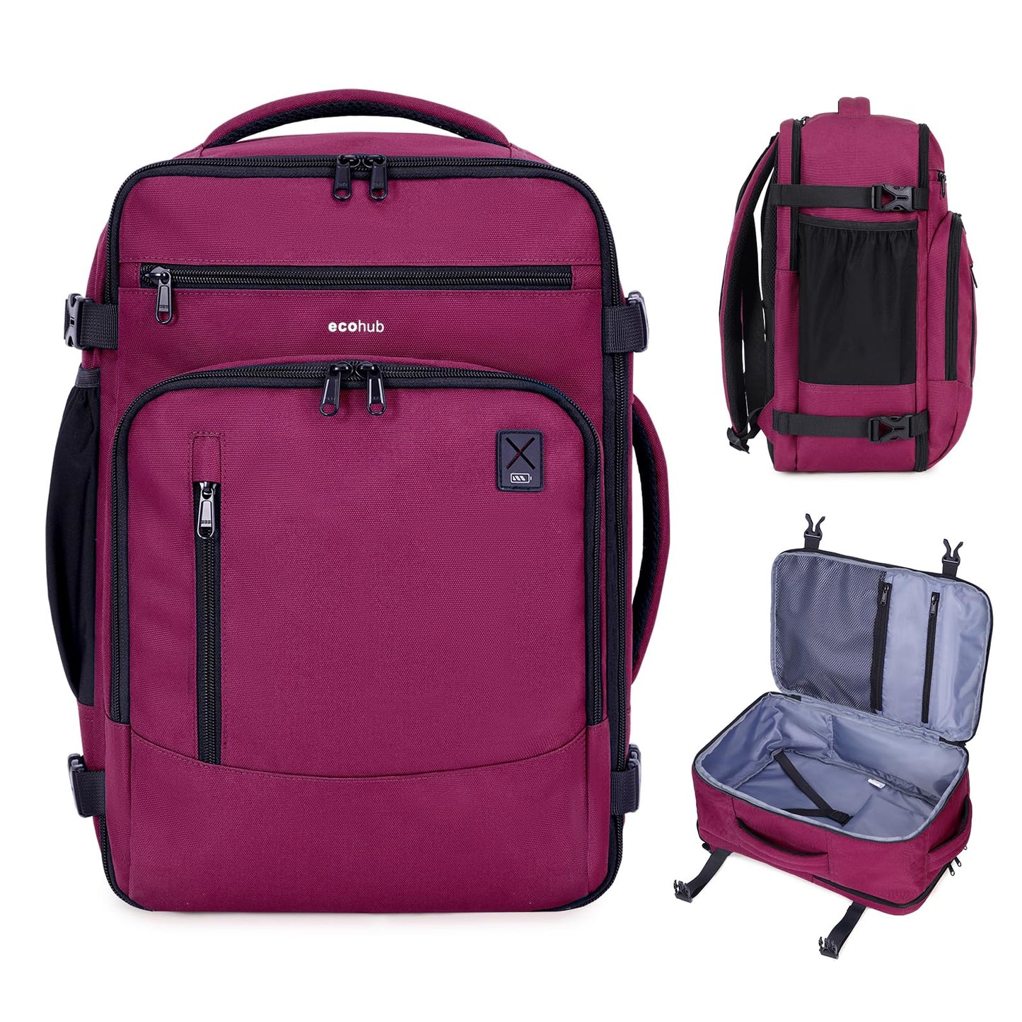 ECOHUB 17" Small Travel Backpack, United Airlines Personal Item Bag 17x10x9 with 16 Pockets, Water Resistant Rucksacks Fit 15.6" Laptop, AirTag Pocket, Lightweight Casual Daypack, 25L, Red