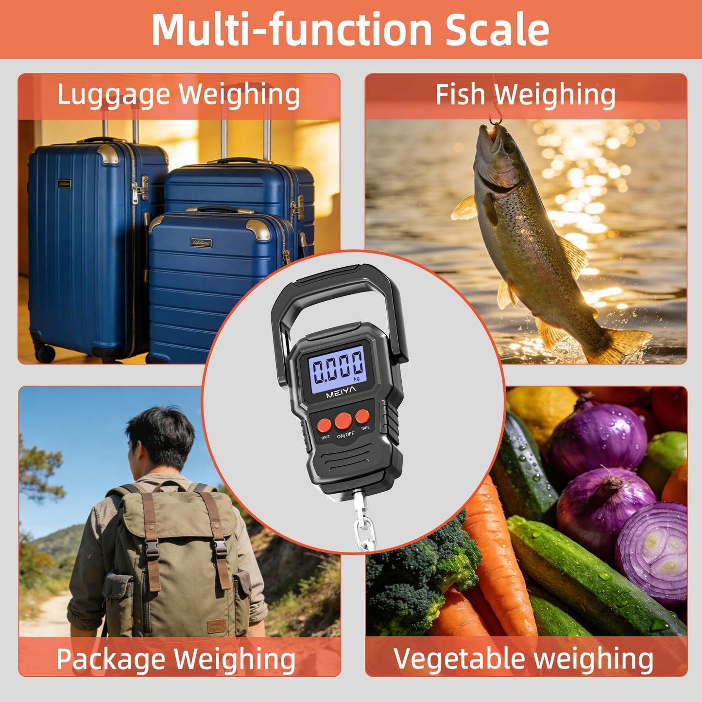 MEIYA Digital Fish Scale with Backlit LCD Display Up to 110lb/50kg for Anglers, Accurate Luggage Scale for Travel, Outdoor, Home Use, Includes 2 AAA Batteries and Hook, Essential Fishing Gear