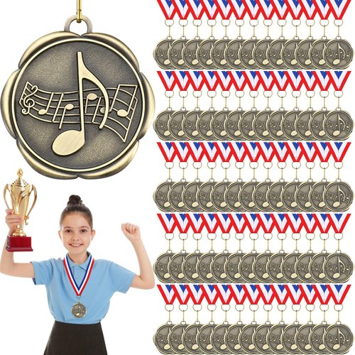 Quelay 100 Pcs Music Medals Bulk - Double-Sided Engraving Pattern Music Award Medals Trophy with Neck Ribbons for Kids & Adults Choir Winner Prize Gift Singing Musical Scholastic Competitions