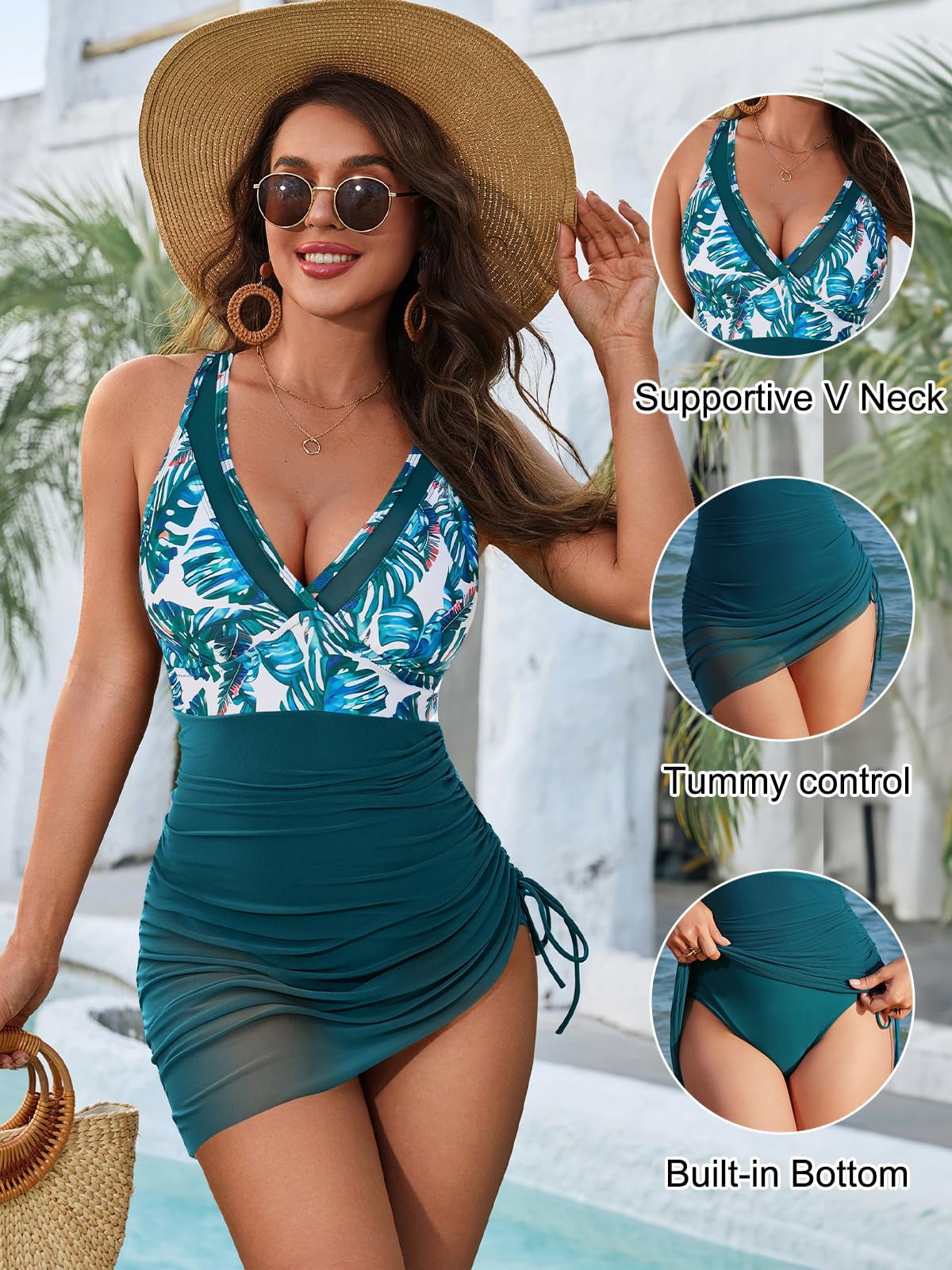 Blooming Jelly Women One Piece Swim Dress Tummy Control Swimsuits Mesh Slimming Bathing Suit (XL, Tropical/Blue Green)