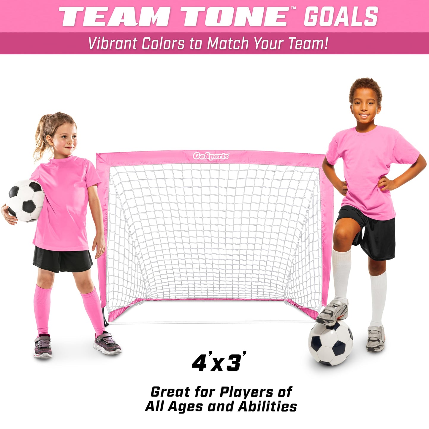 GoSports Team Tone 4 ft x 3 ft Portable Soccer Goals for Kids - Set of 2 Pop Up Nets for Backyard - Pink