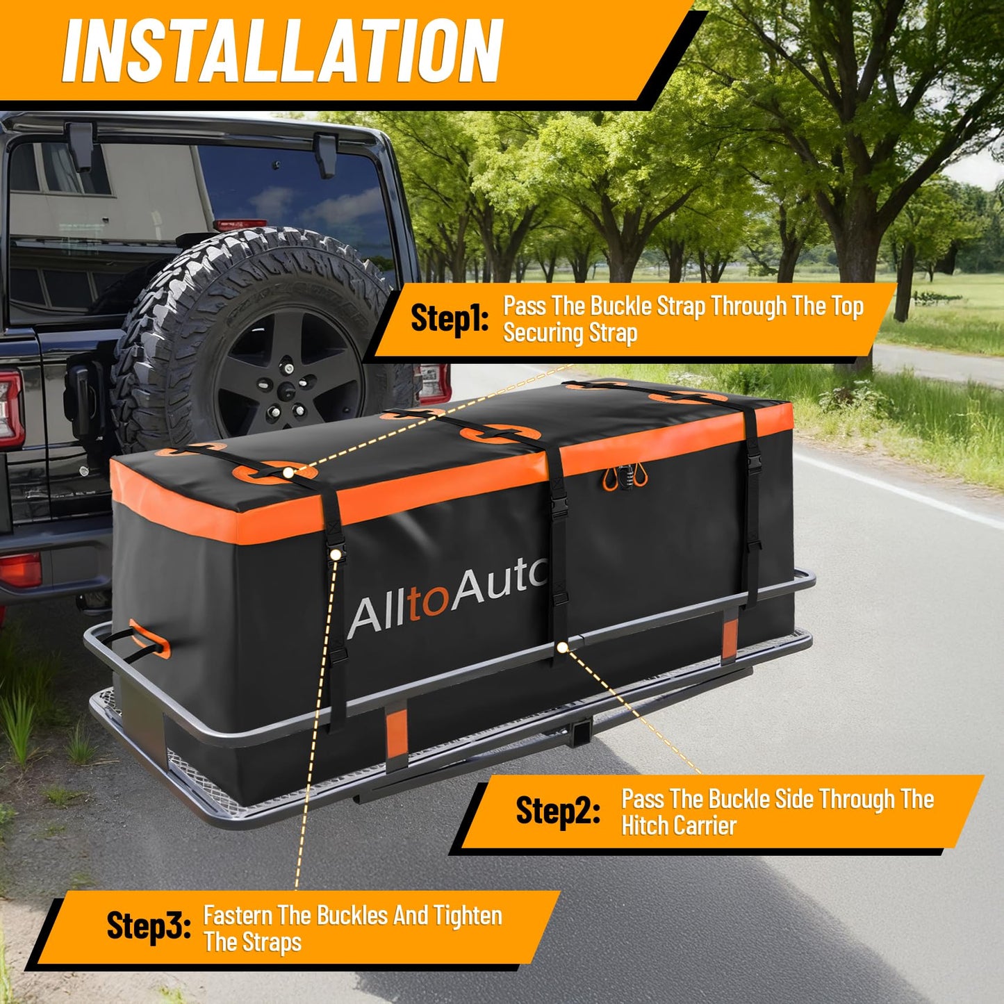 AlltoAuto 25 CuFt Waterproof Cargo Bag for Hitch Carrier | 60"x24"x31" Trailer Hitch Cargo Carrier | Weatherproof Truck Bed Storage with Straps, Lock & Carry Case | PVC Vehicle Soft-Shell Carriers