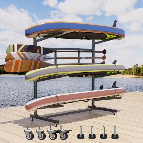METAN Upgraded Wide Metal Kayak Storage Rack 3 Levels,59’’Wide Freestanding Heavy Duty Adjustable Kayak Stand Indoor Outdoor Storage Rack Garage with Wheels,Black,Assembly Required