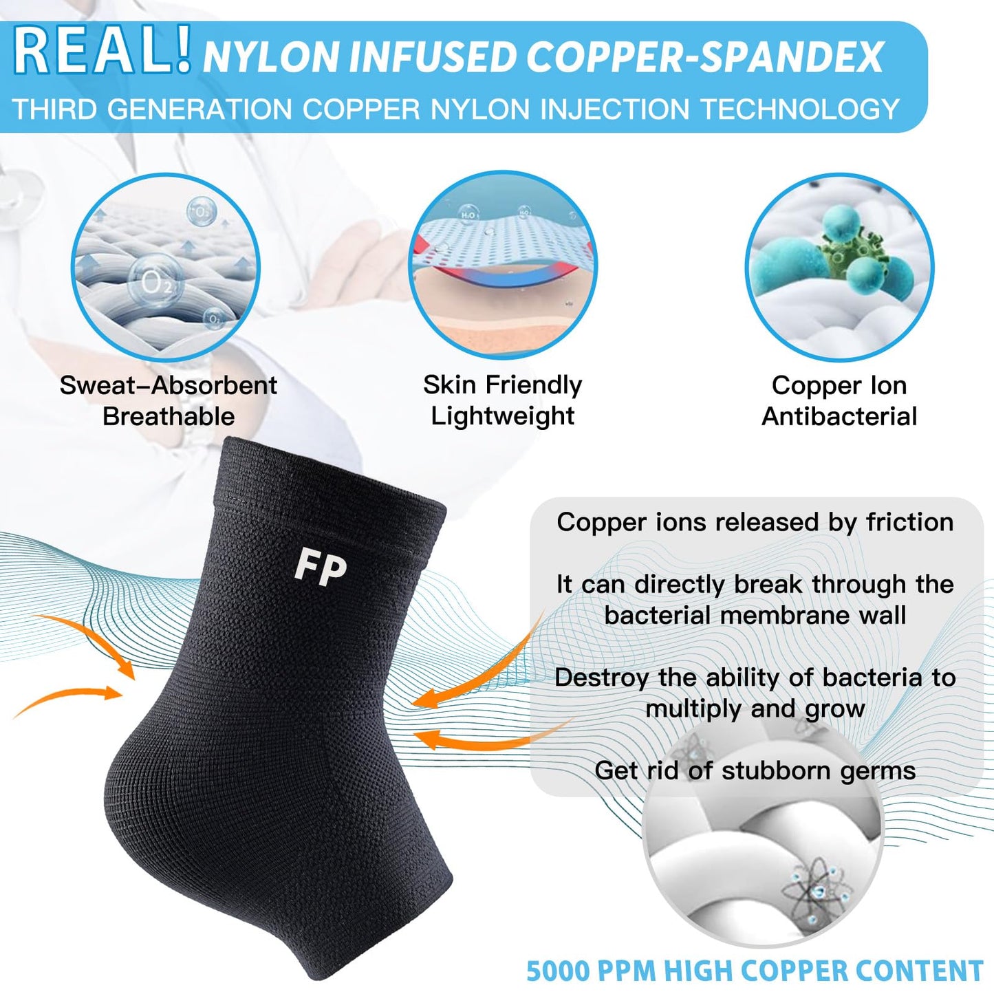 FvaPemm Copper Ankle Brace for Women Men-2 Pack Ankle Sleeve Compression Support for Sprained Ankle, Plantar Fasciitis Relief & Achilles Tendonitis Brace, Sports, Running, Black, XL