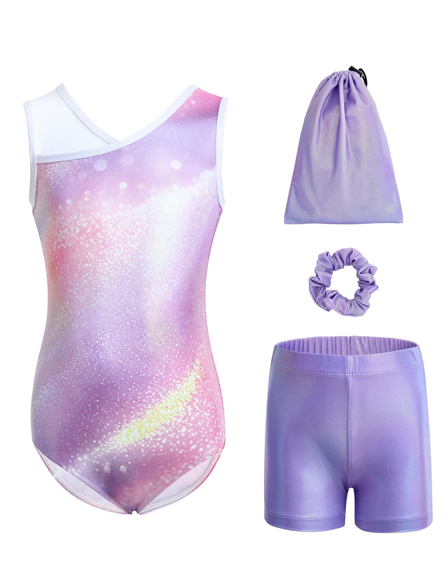 Tstiti Gymnastics Leotards for Girls 4-Piece Outfit with Storage Bag Scrunchie & Shorts Set for Toddler/Kids 3-12 Years Pink Purple 6-7 Years