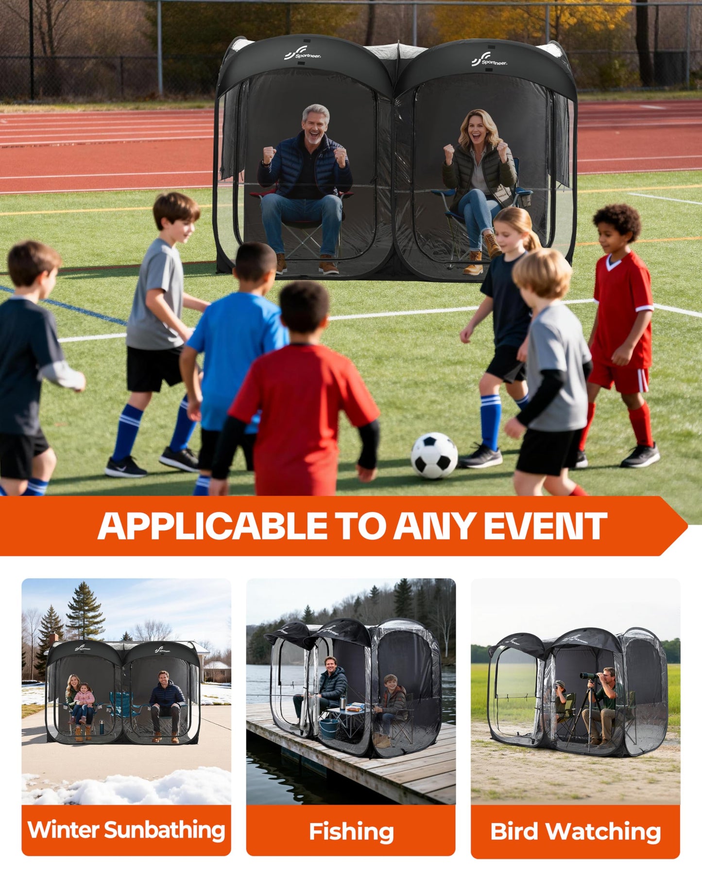 Sportneer Sports Tent, 2-4 Person Instant Pop Up Sports Tents - 92" x 46" x 63.5" Transparent Sport Shelter for Fishing, Camping, Sports Event - Easy Set Up & Tear Down